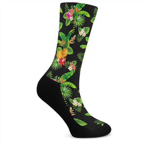 Black Tropical Hawaiian Pattern Print Crew Socks