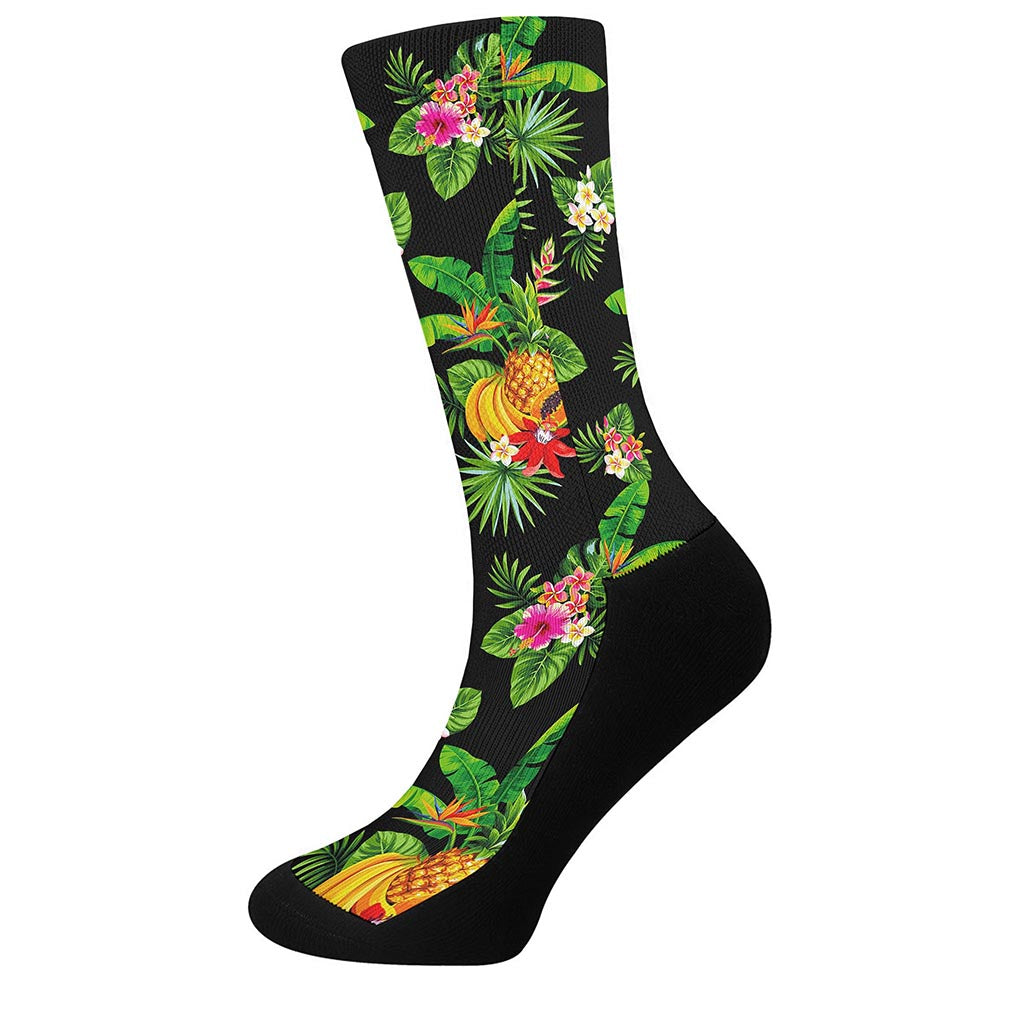 Black Tropical Hawaiian Pattern Print Crew Socks