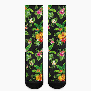 Black Tropical Hawaiian Pattern Print Crew Socks