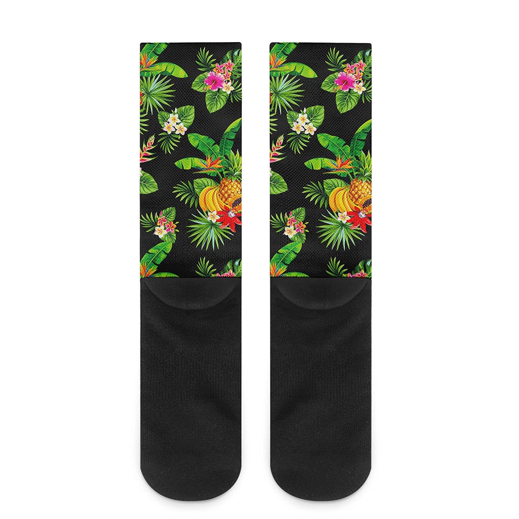 Black Tropical Hawaiian Pattern Print Crew Socks