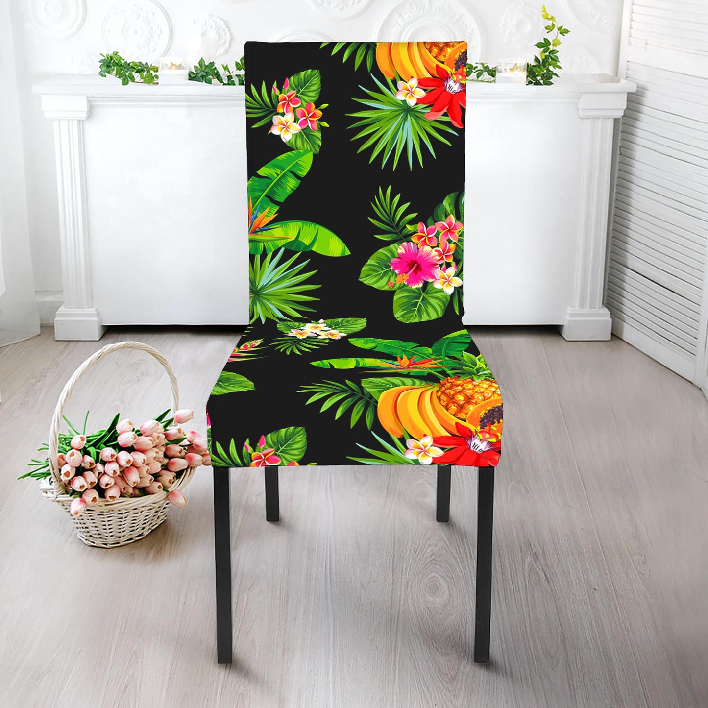 Black Tropical Hawaiian Pattern Print Dining Chair Slipcover