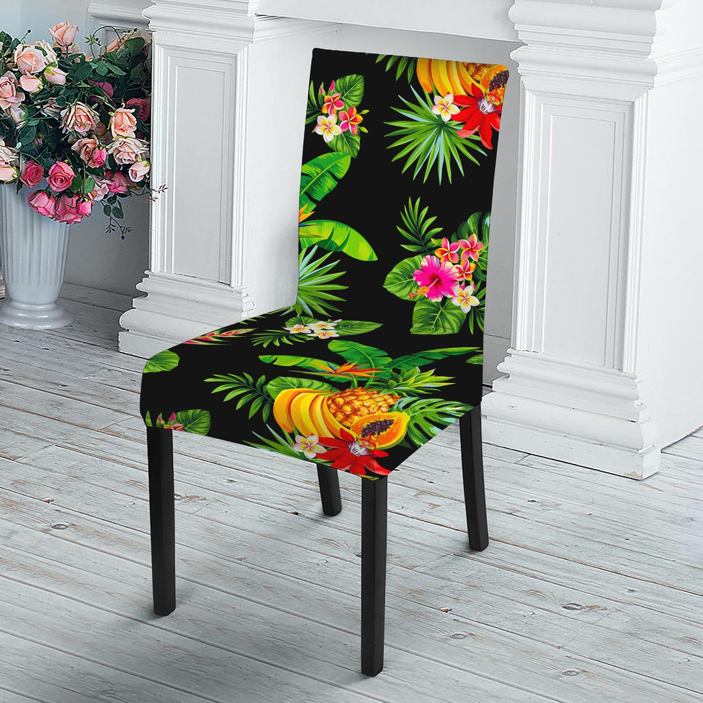 Black Tropical Hawaiian Pattern Print Dining Chair Slipcover