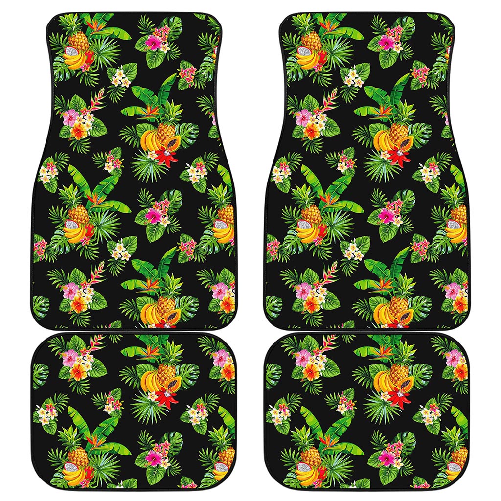 Black Tropical Hawaiian Pattern Print Front and Back Car Floor Mats