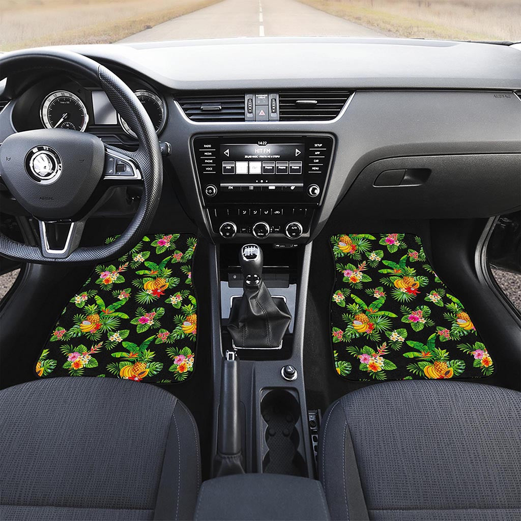 Black Tropical Hawaiian Pattern Print Front and Back Car Floor Mats