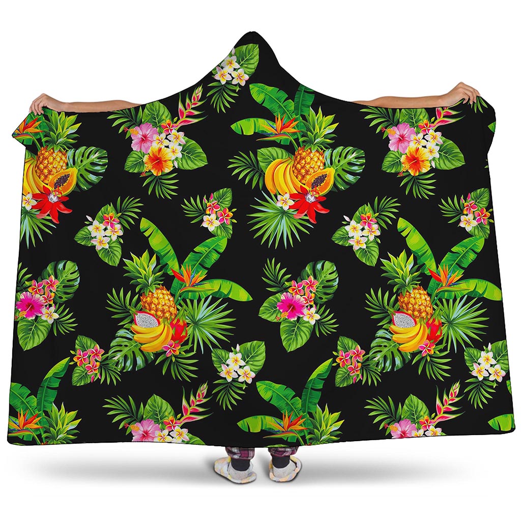 Black Tropical Hawaiian Pattern Print Hooded Blanket