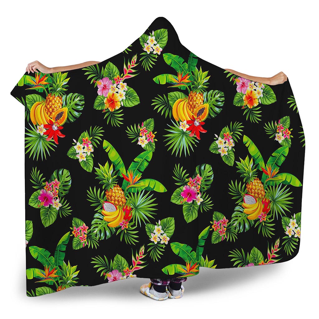 Black Tropical Hawaiian Pattern Print Hooded Blanket