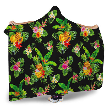 Black Tropical Hawaiian Pattern Print Hooded Blanket