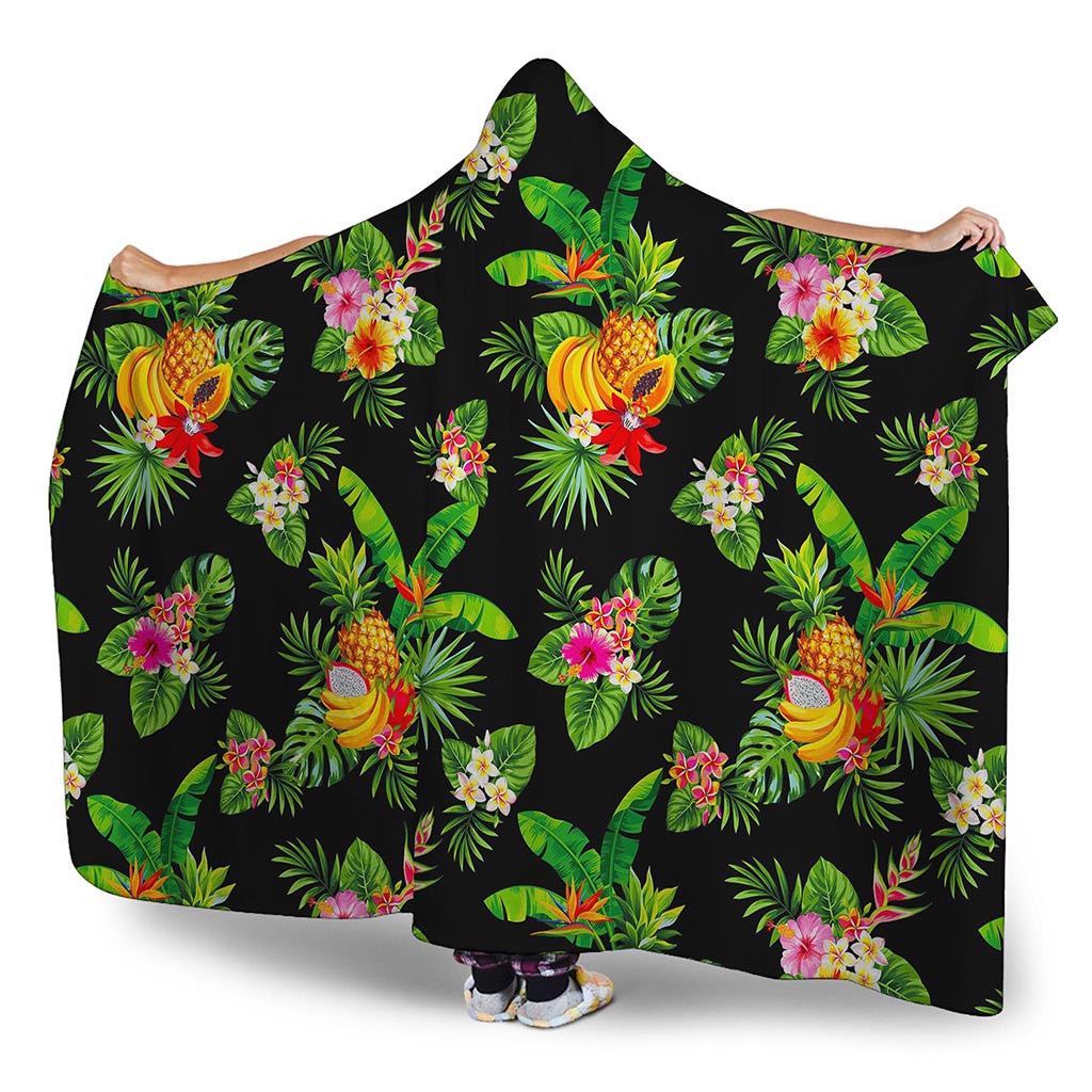 Black Tropical Hawaiian Pattern Print Hooded Blanket
