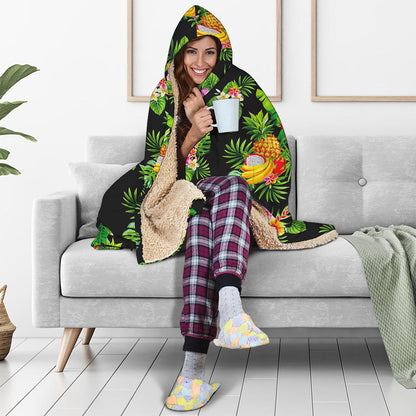 Black Tropical Hawaiian Pattern Print Hooded Blanket