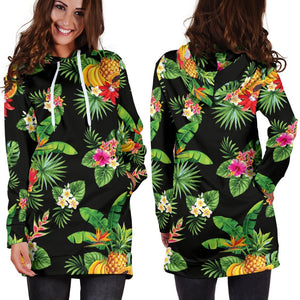 Black Tropical Hawaiian Pattern Print Hoodie Dress GearFrost