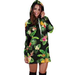 Black Tropical Hawaiian Pattern Print Hoodie Dress GearFrost