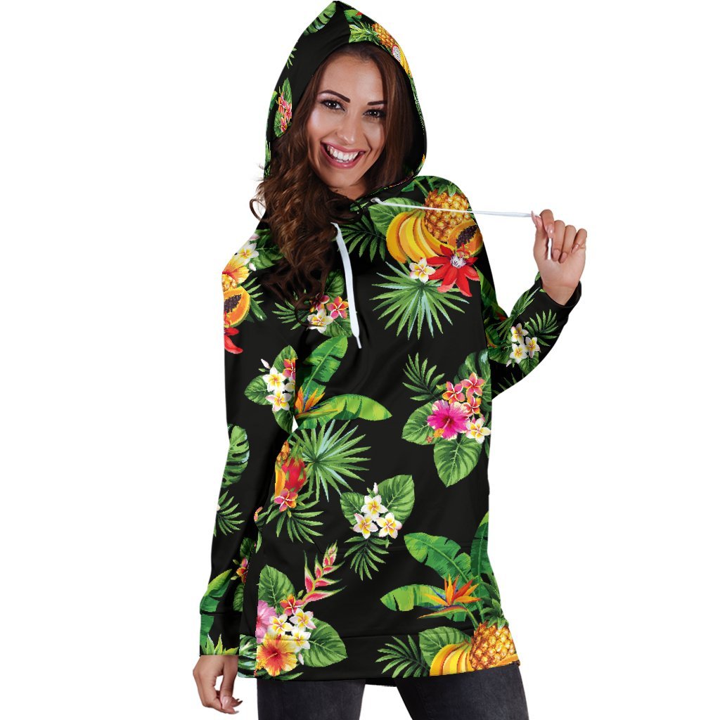 Black Tropical Hawaiian Pattern Print Hoodie Dress GearFrost