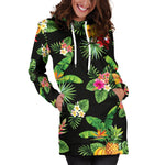 Black Tropical Hawaiian Pattern Print Hoodie Dress GearFrost