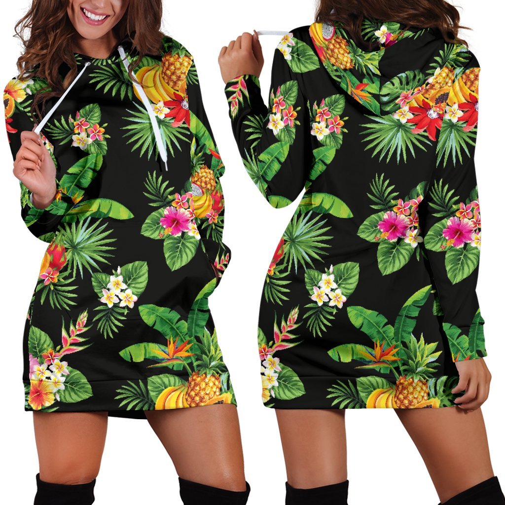 Black Tropical Hawaiian Pattern Print Hoodie Dress GearFrost