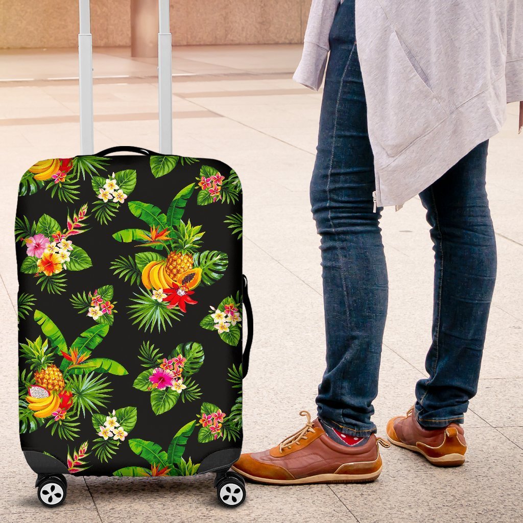 Black Tropical Hawaiian Pattern Print Luggage Cover GearFrost