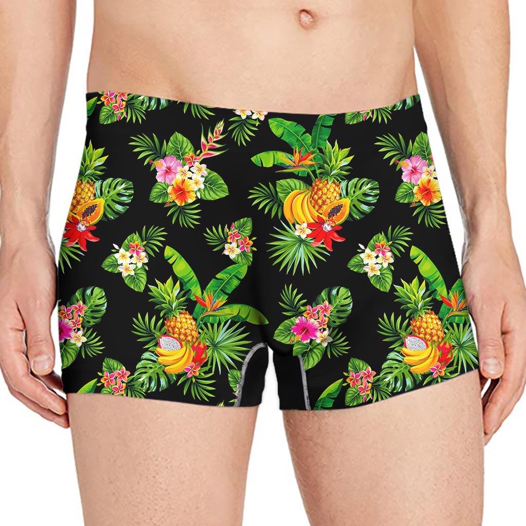 Black Tropical Hawaiian Pattern Print Men's Boxer Briefs