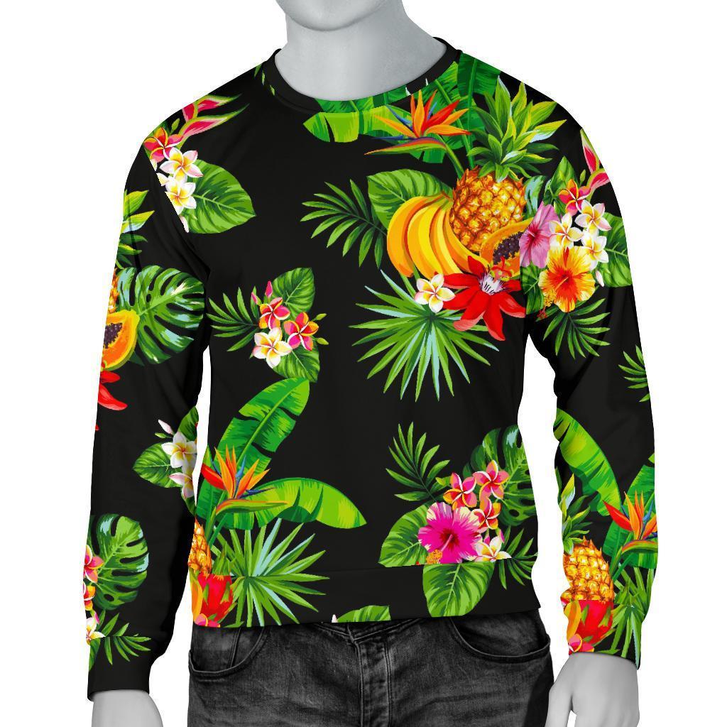 Black Tropical Hawaiian Pattern Print Men's Crewneck Sweatshirt GearFrost