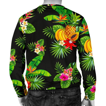 Black Tropical Hawaiian Pattern Print Men's Crewneck Sweatshirt GearFrost