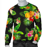 Black Tropical Hawaiian Pattern Print Men's Crewneck Sweatshirt GearFrost