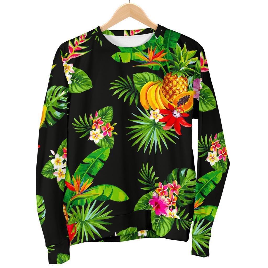Black Tropical Hawaiian Pattern Print Men's Crewneck Sweatshirt GearFrost