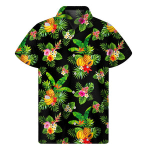 Black Tropical Hawaiian Pattern Print Men's Short Sleeve Shirt