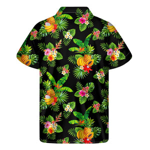 Black Tropical Hawaiian Pattern Print Men's Short Sleeve Shirt