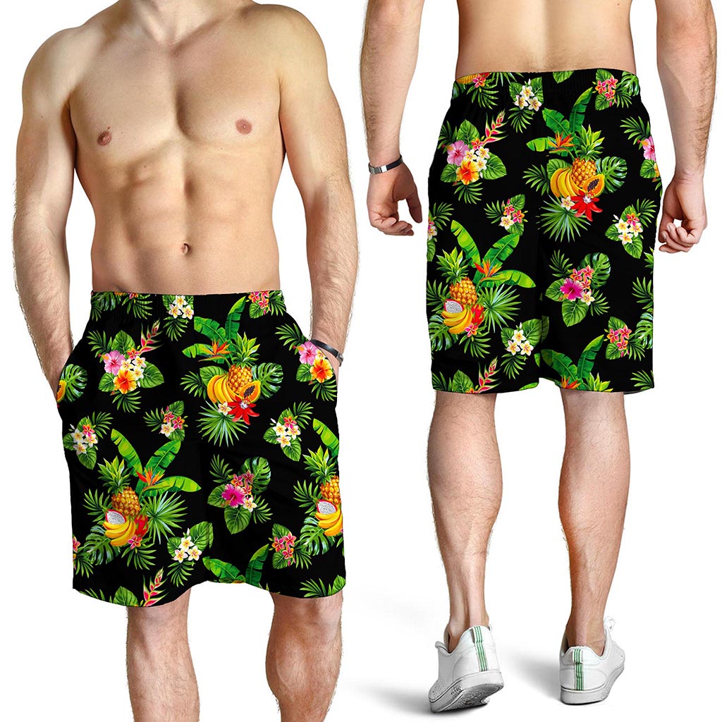 Black Tropical Hawaiian Pattern Print Men's Shorts