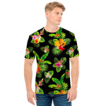 Black Tropical Hawaiian Pattern Print Men's T-Shirt