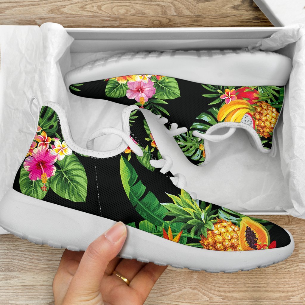 Black Tropical Hawaiian Pattern Print Mesh Knit Shoes GearFrost