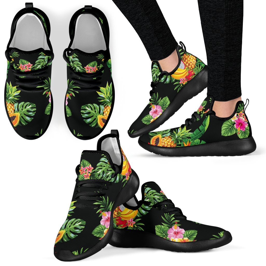 Black Tropical Hawaiian Pattern Print Mesh Knit Shoes GearFrost