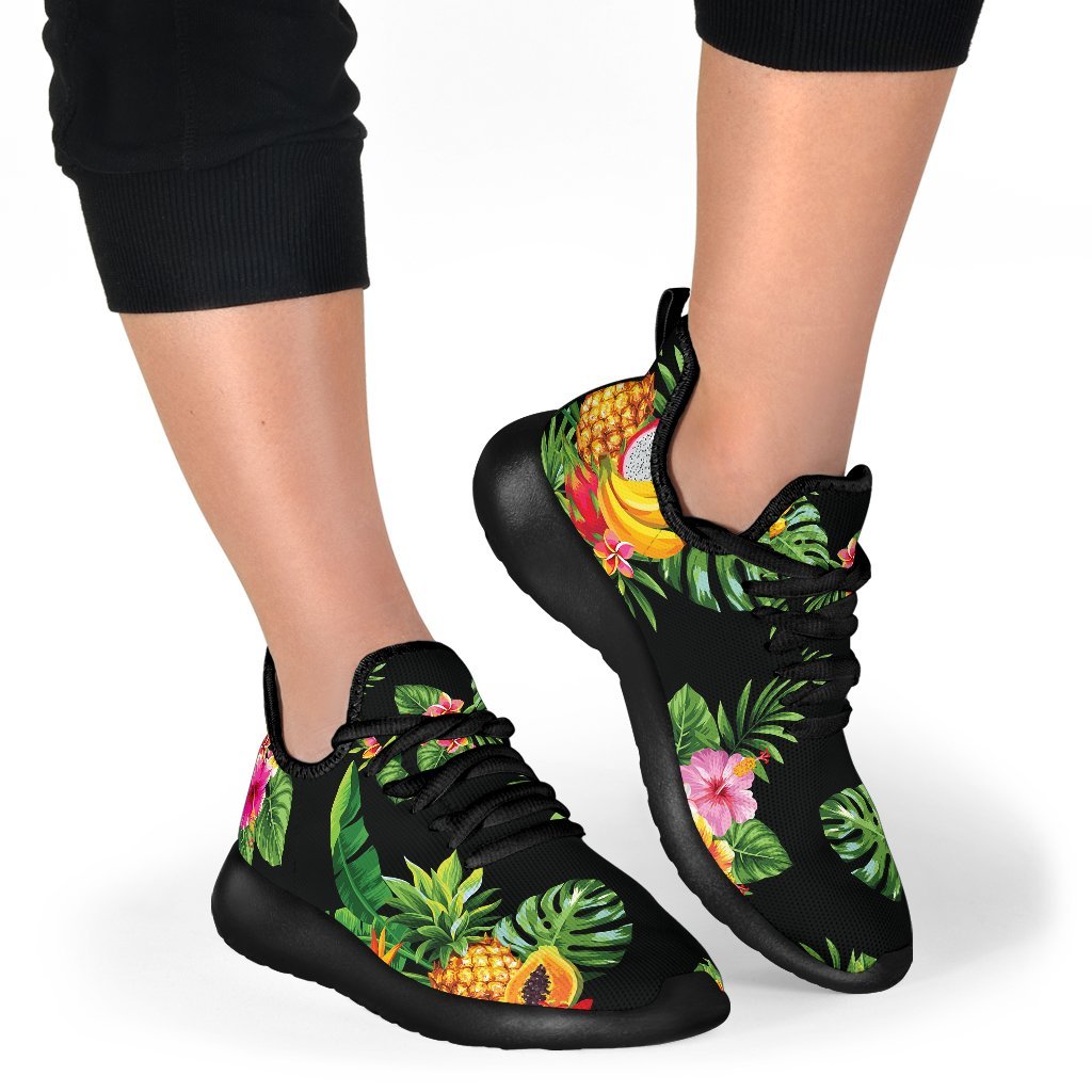 Black Tropical Hawaiian Pattern Print Mesh Knit Shoes GearFrost