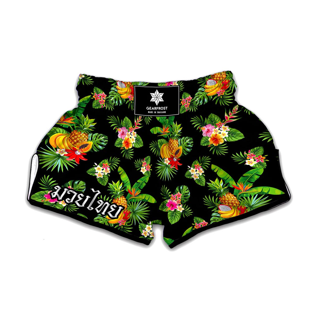 Black Tropical Hawaiian Pattern Print Muay Thai Boxing Shorts