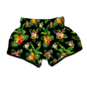 Black Tropical Hawaiian Pattern Print Muay Thai Boxing Shorts