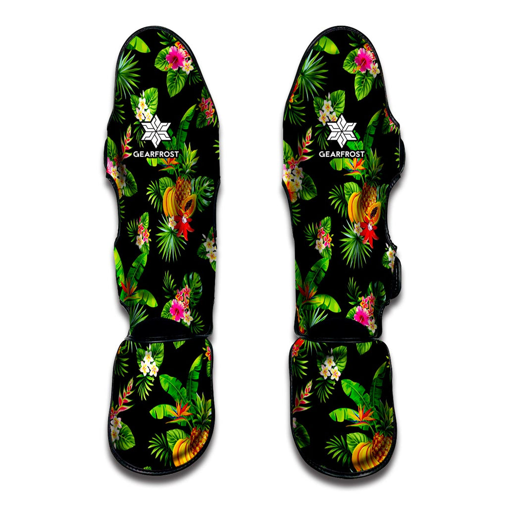 Black Tropical Hawaiian Pattern Print Muay Thai Shin Guard