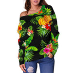 Black Tropical Hawaiian Pattern Print Off Shoulder Sweatshirt GearFrost