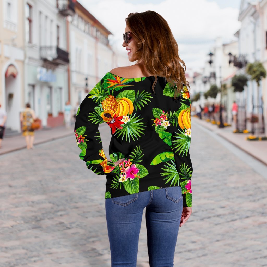 Black Tropical Hawaiian Pattern Print Off Shoulder Sweatshirt GearFrost