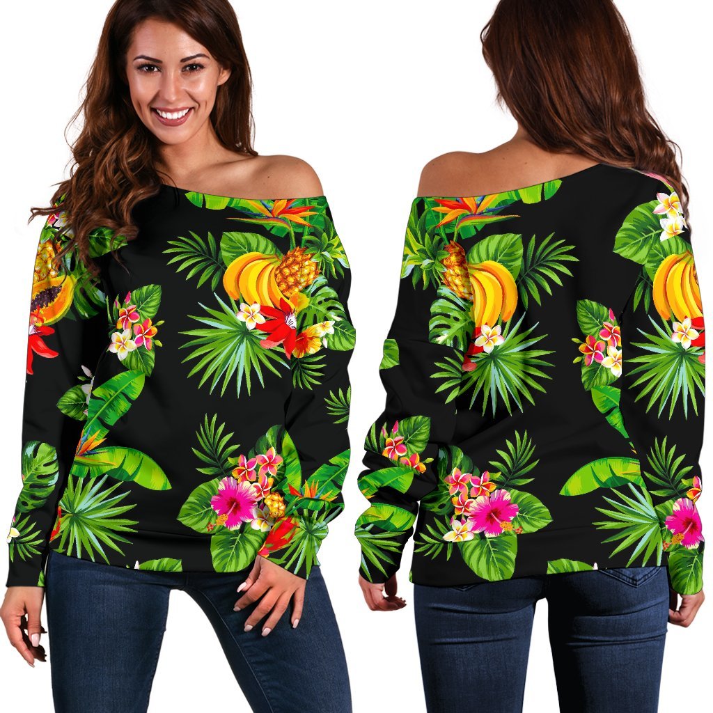 Black Tropical Hawaiian Pattern Print Off Shoulder Sweatshirt GearFrost