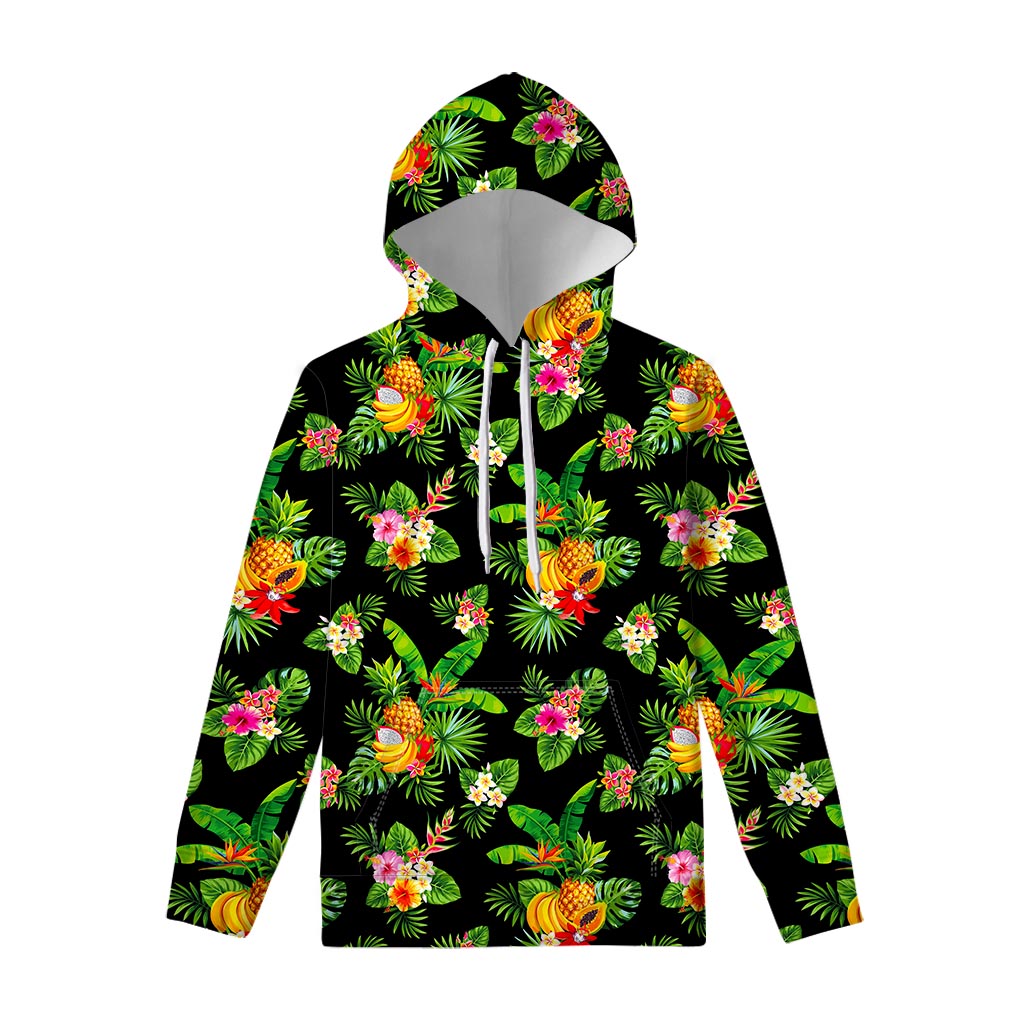 Black Tropical Hawaiian Pattern Print Pullover Hoodie