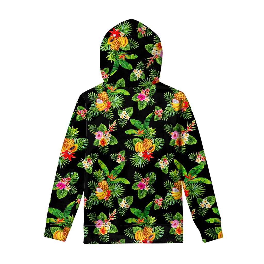 Black Tropical Hawaiian Pattern Print Pullover Hoodie