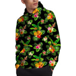 Black Tropical Hawaiian Pattern Print Pullover Hoodie