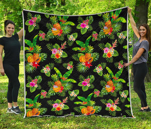 Black Tropical Hawaiian Pattern Print Quilt