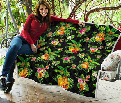 Black Tropical Hawaiian Pattern Print Quilt
