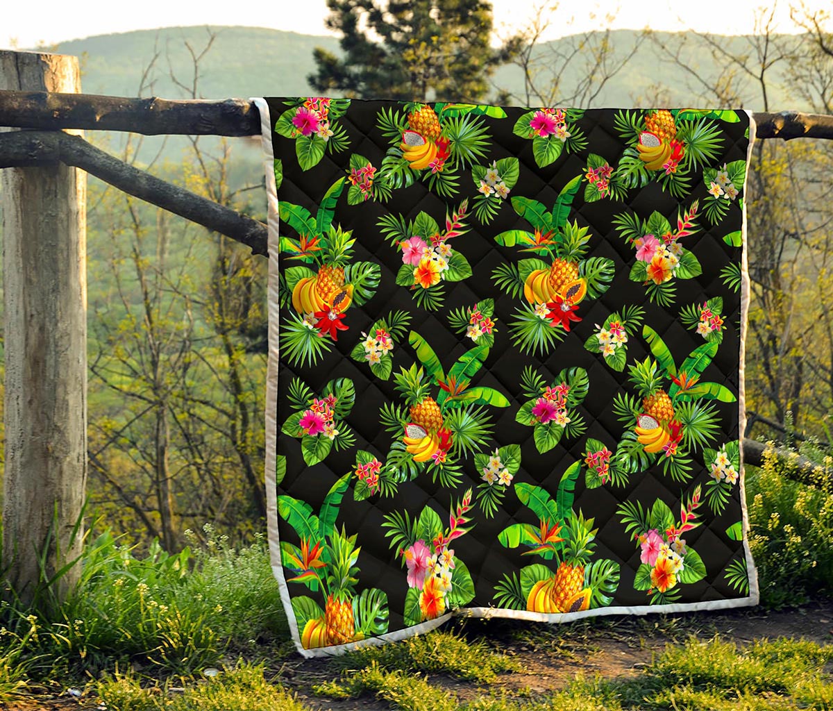 Black Tropical Hawaiian Pattern Print Quilt