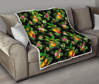 Black Tropical Hawaiian Pattern Print Quilt