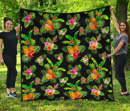 Black Tropical Hawaiian Pattern Print Quilt