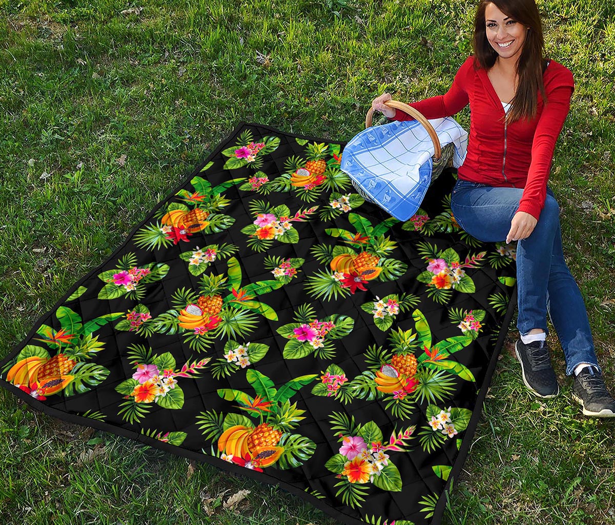 Black Tropical Hawaiian Pattern Print Quilt