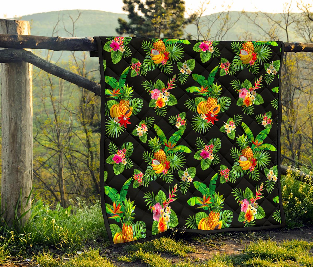 Black Tropical Hawaiian Pattern Print Quilt