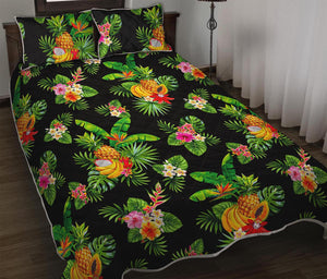 Black Tropical Hawaiian Pattern Print Quilt Bed Set