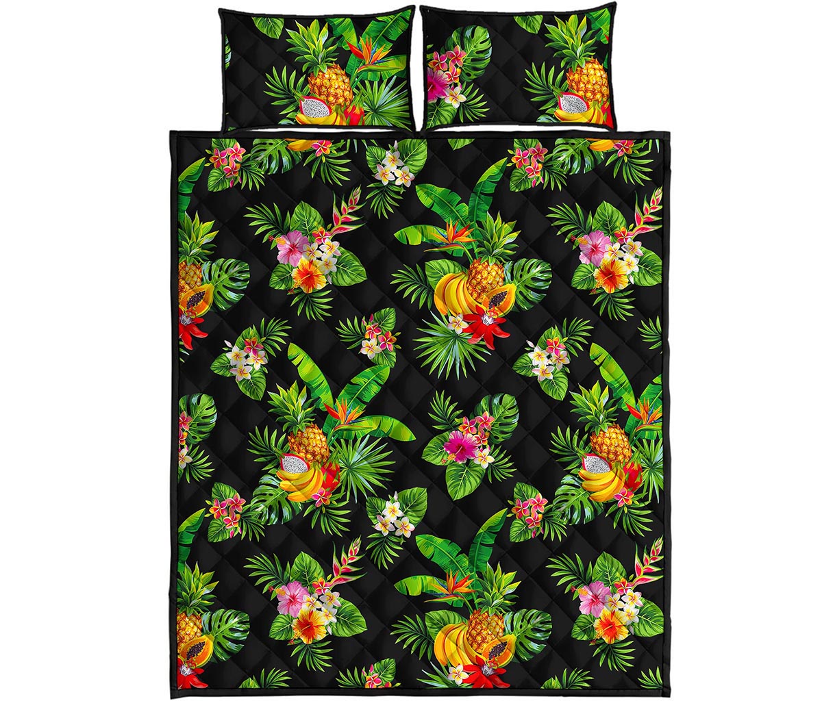 Black Tropical Hawaiian Pattern Print Quilt Bed Set