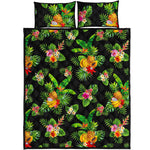 Black Tropical Hawaiian Pattern Print Quilt Bed Set